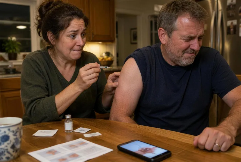 Woman nervously holding a syringe over her husband's arm at the kitchen table